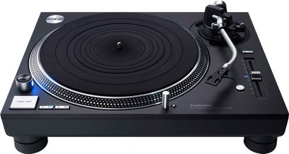 Hi-fi pladespiller Technics SL-1210GREGK i sort, aluminiumsplade, S-formet tonarm, sideknapper, støvbeskyttelseslåg