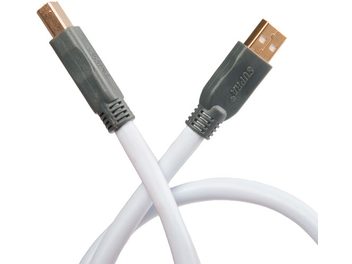 Câble USB Supra USB 2.0 A vers B 5m blanc, connecteurs USB type A et B gris aux extrémités, vue rapprochée