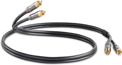 Câble audio RCA QED Performance Audio graphite 1m, deux connecteurs RCA dorés, gaine noire, vue de dessus