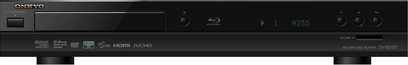 Forside af en sort Onkyo DV-BD507 4K Blu-ray-afspiller med kontrolknapper, diskskuffe og kompatibilitetslogoer
