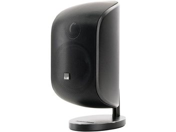 Altavoz compacto Bowers & Wilkins M-1 MK2 negro, vista de perfil, forma redondeada, rejilla negra, base metálica circular