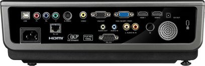 Optoma EH1060 videoprojektor, set forfra, bagpanel med HDMI-, VGA-, audio-, USB-, Ethernet-, RS-232- og IR-porte