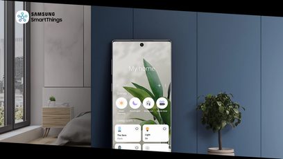 Samsung The Sero QE43LS05T TV, lodret skærm, brugergrænseflade vist, grøn plante til højre
