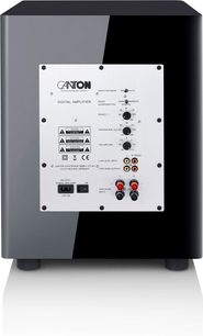 Canton Townus 12 Sub -subwoofer, mustakiiltävä, takanäkymä hopeisesta paneelista, jossa säätimet ja liitännät