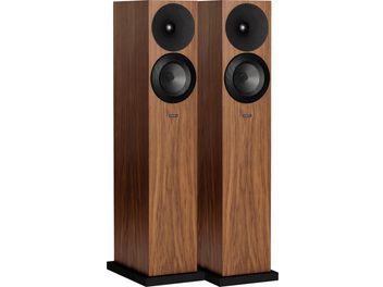 Pereche de boxe coloană Amphion Argon3LX din nuc, carcase din lemn, tweeter cu pavilion negru, woofer negru, vedere din față
