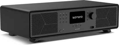Sistem hi-fi all-in-one Sonoro Avaton, carcasă metalică neagră mată, ecran central, buton mare, grătare, vedere 3/4 din față-stânga