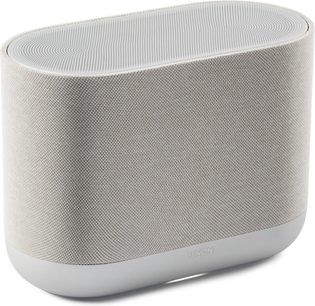 Bezdrátový reproduktor Denon Home 400 světle šedý, zaoblený oválný tvar, potah z tkaniny se síťovanou strukturou, pohled ze tří čtvrtin