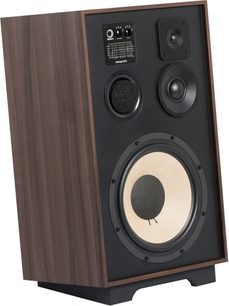 Sloupcový reproduktor Elipson Heritage XLS 15 v tmavém dřevě, pohled zepředu, s reproduktory, výškovým reproduktorem a černou mřížkou