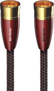 Analogový audio kabel AudioQuest Red River XLR s červenými a zlatými konektory, černo-červeným opleteným pláštěm