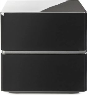 Dynamo 12 subwoofer i sort højglans, frontvisning, kubisk form, glat overflade, vandret central opdeling, afrundede hjørner