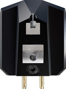Ortofon MC Vertex turntable cartridge in faceted black, front view with silver inserts and gold pins