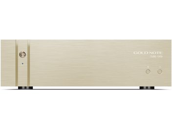 Stereo cevni integrirani ojačevalnik Gold Note TUBE-1006 z brušeno aluminijasto čelno ploščo v zlati barvi in okroglimi gumbi na desni strani