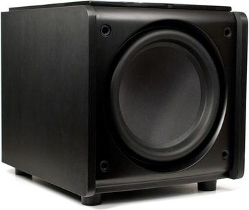Klipsch XW-500D sort subwoofer, nærbillede forfra, cirkulær central højttaler i en kubisk kabinet