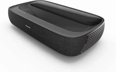 Hisense 100L9HD projektor, set i perspektiv, sort finish, glat overflade, perforeret sidegitter