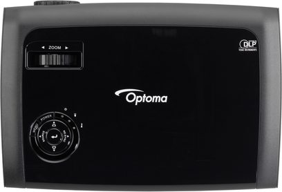 Optoma ES526 DLP sort videoprojektor, frontvisning, zoom og tænd/sluk-knap på forsiden
