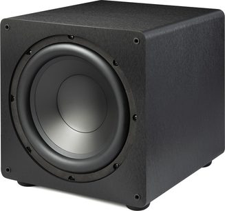 Paradigm Essentials Sub 12 subwoofer, sort kubisk kabinet med en sølvfarvet cirkulær højttaler på fronten