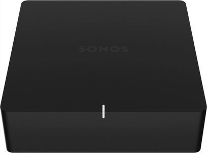 Lettore audio di rete Sonos Port, vista dall'alto, case rettangolare nero con logo Sonos in rilievo al centro