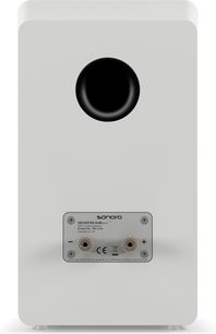 Coluna de estante Sonoro Orchestra Slim Gen.2 branca vista traseira com duto bass-reflex redondo preto e terminais dourados