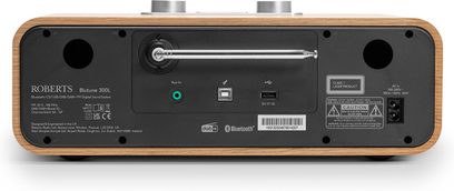 Roberts Blutune 300L Tischradio in heller Holzoptik, Rückansicht mit Teleskopantenne, Audioeingängen und USB-Anschlüssen