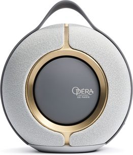 Devialet Mania Opéra de Paris Bluetooth-højttaler, set forfra, oval form, sølvfarvet metalrist, blankt sort center