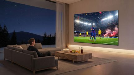 Televisor de pantalla plana gigante fijado a la pared en un salón moderno, partido de fútbol mostrado en vista frontal