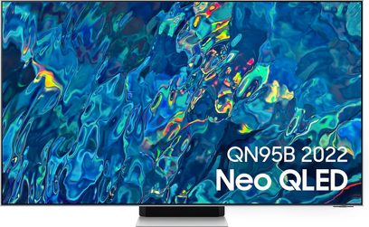 Televizor Samsung QE55QN95B 2022 zobrazující abstraktní obraz s výraznými modrými a žlutými barvami na černém pozadí