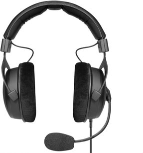 Beyerdynamic MMX 300 PRO spēļu austiņas, skats no priekšpuses, melni spilventiņi, polsterēta galvas stīpa, noņemams elastīgs mikrofons