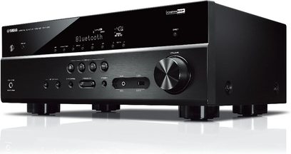 Yamaha RX-V385 Schwarz Heimkino-Verstärker, Frontansicht, schwarze Frontblende mit Tasten, Reglern, blauer LED-Anzeige, USB-Anschluss