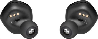 Bezdrátová černá sluchátka Astell&Kern AK UW100, pohled zepředu a z boku, s silikonovými náušníky