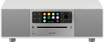 Witte hoogglans Sonoro Prestige tafelradio - zilver, vooraanzicht, kleurenscherm, bedieningsknoppen en draaiknoppen, luidsprekers
