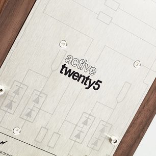 Trådløs, forbundet aktiv højttaler Active twenty5.21i i lys eg, tæt på synsvinkel, med metallisk bagpanel med skruer og tekst