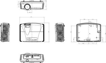 Mitsubishi WD620U-videoprojektor, set forfra, ovenfra, fra siderne og bagfra, med dimensioner og fjernbetjening
