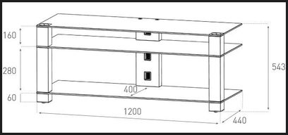 Teknisk diagram med dimensioner i millimeter af et Sonorous PL3400 lyst TV-møbel med 3 niveauer i glas og metal