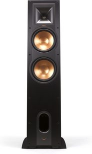 Enceinte colonne Klipsch R-28F noir, vue de face, 2 haut-parleurs dorés, tweeter noir, façade noire mate