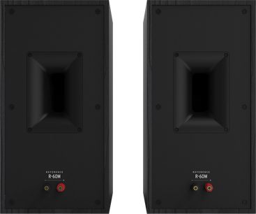 Enceinte de prateleira Klipsch R-60M, vista traseira, dois conectores circulares vermelho e preto, superfície preta texturizada