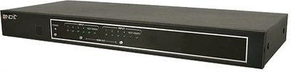 Sort Lindy 38042 4 x 2 HDMI-switchmatrix, frontvisning, 4 HDMI-indgange, 2 udgange, LED-display