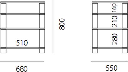 Spectral High-End HE684 hi-fi møbel, teknisk diagram med dimensioner i millimeter, frontvisning, 4 hylder, 680 x 800 x 210 mm