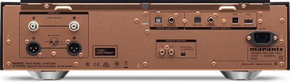 Odtwarzacz CD Marantz SA-10S1 w kolorze srebrno-złotym, widok z przodu, złącza audio i pilot zdalnego sterowania z tyłu