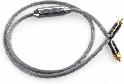 Siltech Explorer 180i RCA-lydkabel, grå flettet kappe, guldfarvede metalstik, cylindrisk modul, set fra oven