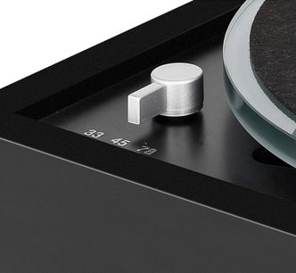 Thorens TD 148A mat sort pladespiller, nærbillede af sølvfarvet hastighedskontrolknap på sort kabinet, 3/4 frontvinkel