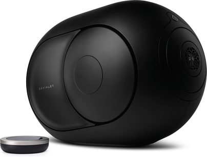Безжична свързана колонка DEVIALET PHANTOM I 103 DB черна матова, овална форма, кръгъл централно разположен високоговорител, кръгла основа