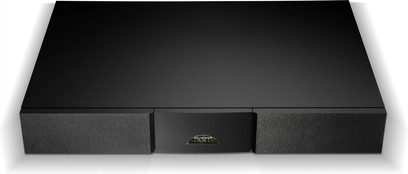 Separat hi-fi-strömförsörjning Naim Audio Flat-Cap XS i svart, platt hölje med grön logotyp mitt på fronten