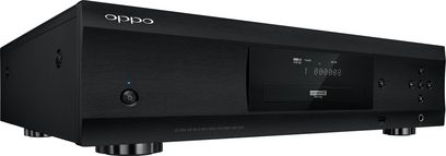 OPPO UDP-205 EU 4K Blu-ray-afspiller, frontvisning, mat sort front med display, knapper og skuffe, 2 sølvfarvede fødder