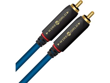 Analogowy kabel audio RCA Stream 10 RCA 1m, czarne cylindryczne złącza z złotymi napisami, pozłacane końcówki, pierścienie czerwony i biały, niebieska osłona.