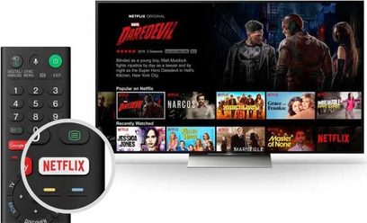 Sony UBP-X1000ES 4K Blu-ray-afspiller med fjernbetjening, der viser Netflix-grænsefladen på et tv-skærm