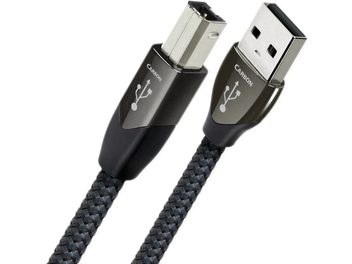 USB kabel Audioquest Carbon A na B 1,5 m, kovové konektory, černý opletený plášť, pohled shora a z boku