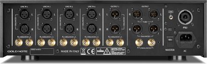 Sort Gold Note P-1000 MKII DELUXE stereo-forforstærker, bagfra med XLR- og RCA-linjeindgange og balancerede lydudgange