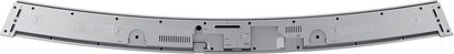 Metallisk grå Samsung HW-M4501 soundbar, set forfra, med perforeret gitter på forsiden og knapper på toppen