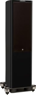 Fyne Audio F702 SP søjlehøjttaler i sort lak, set forfra, rektangulær form, sort gitter, metalbase med spikes