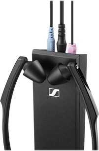 Åben hi-fi hovedtelefon Sennheiser RS 5000 sort, set forfra, med kabler og blå og lyserøde silikoneørepropper